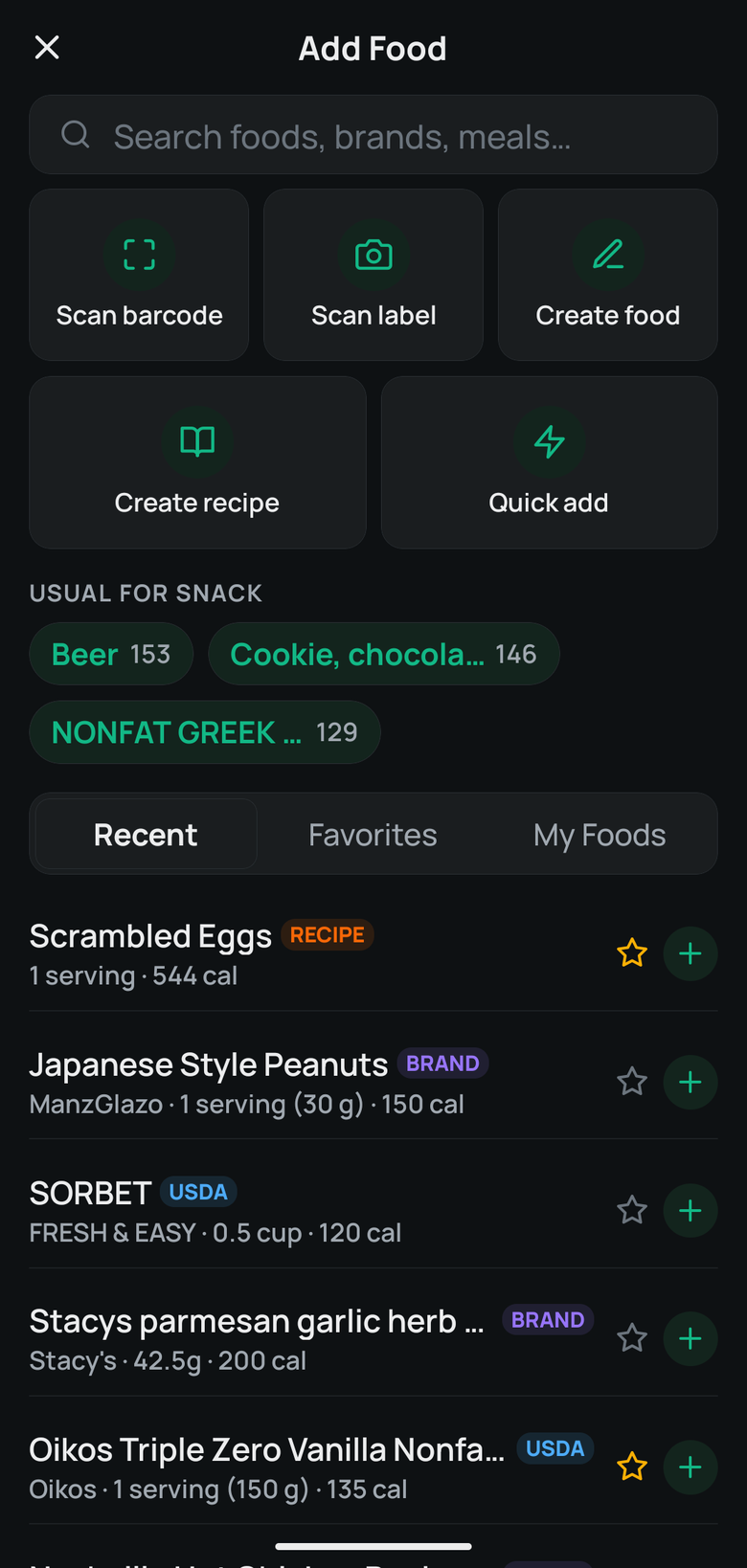 PlateTally Add Food screen with barcode and nutrition-label scanning, recipes, quick add, and frequent-food suggestions