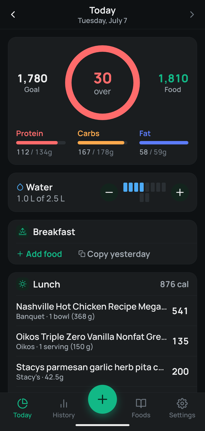 PlateTally Today screen showing the daily calorie ring, protein, carbs and fat progress, water tracking, and logged meals