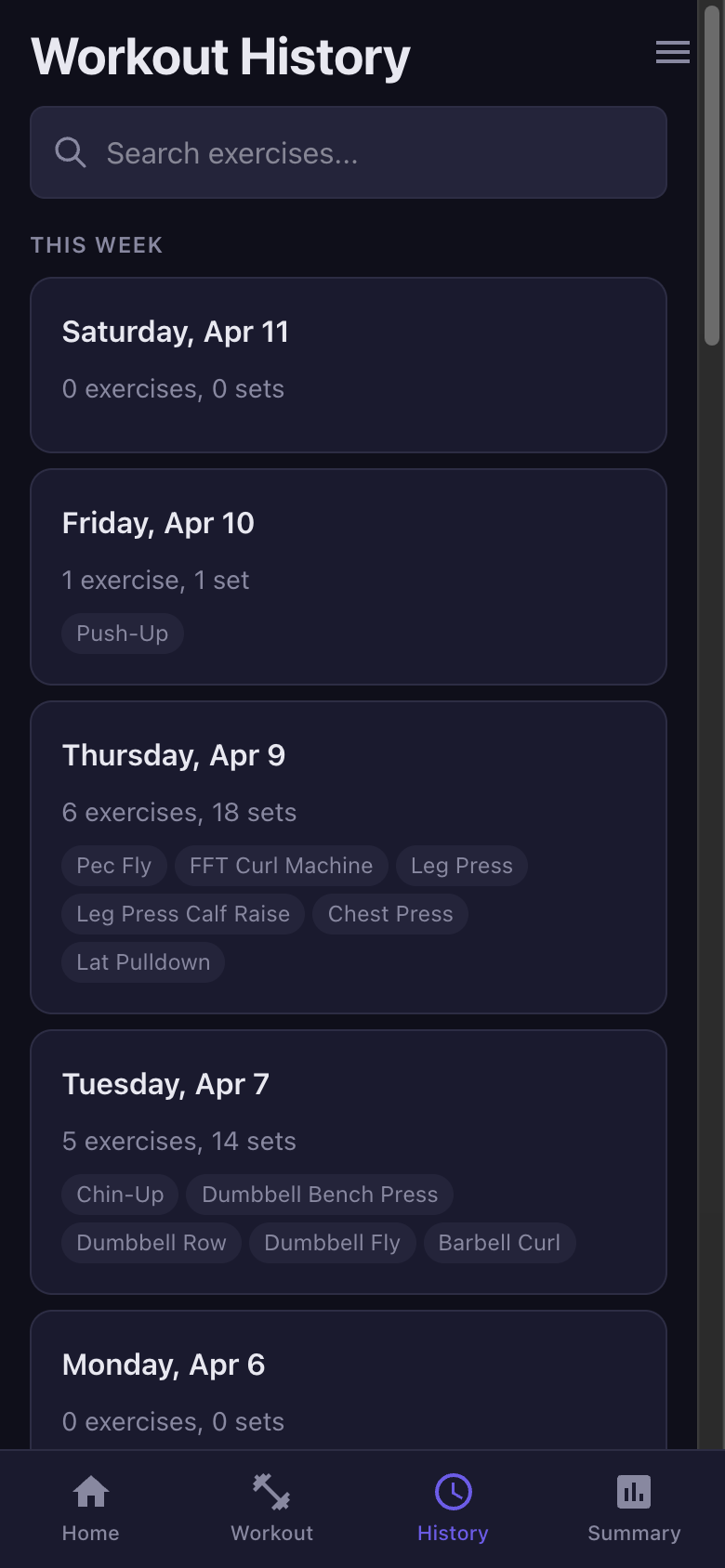 VoluMax workout history with searchable exercise logs