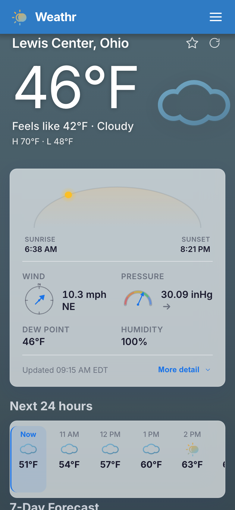 Weathr detail card showing sunrise, sunset, wind, and pressure