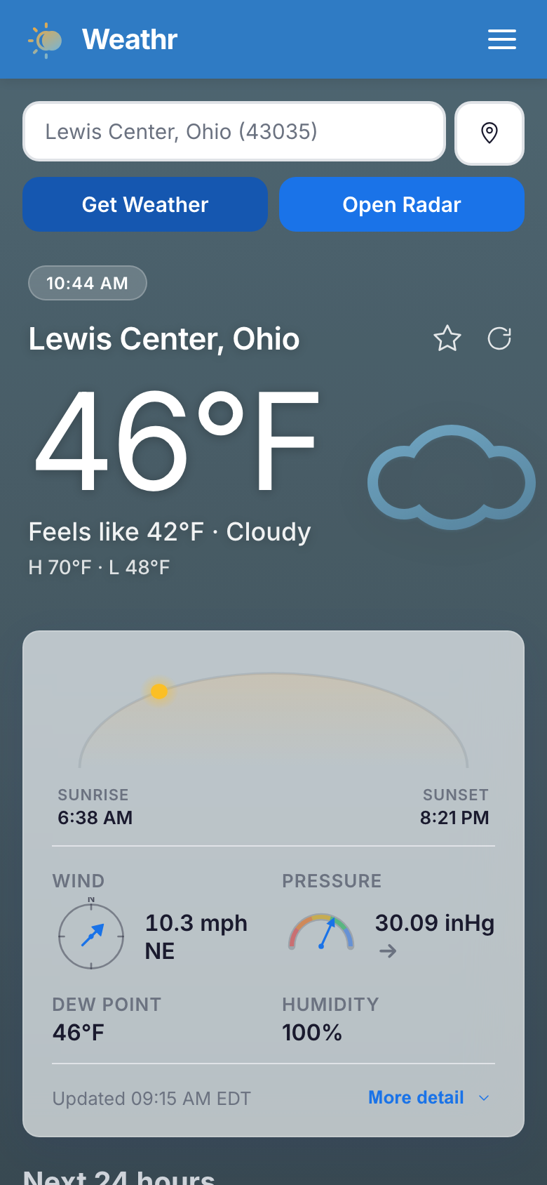 Weathr home screen showing current temperature and conditions